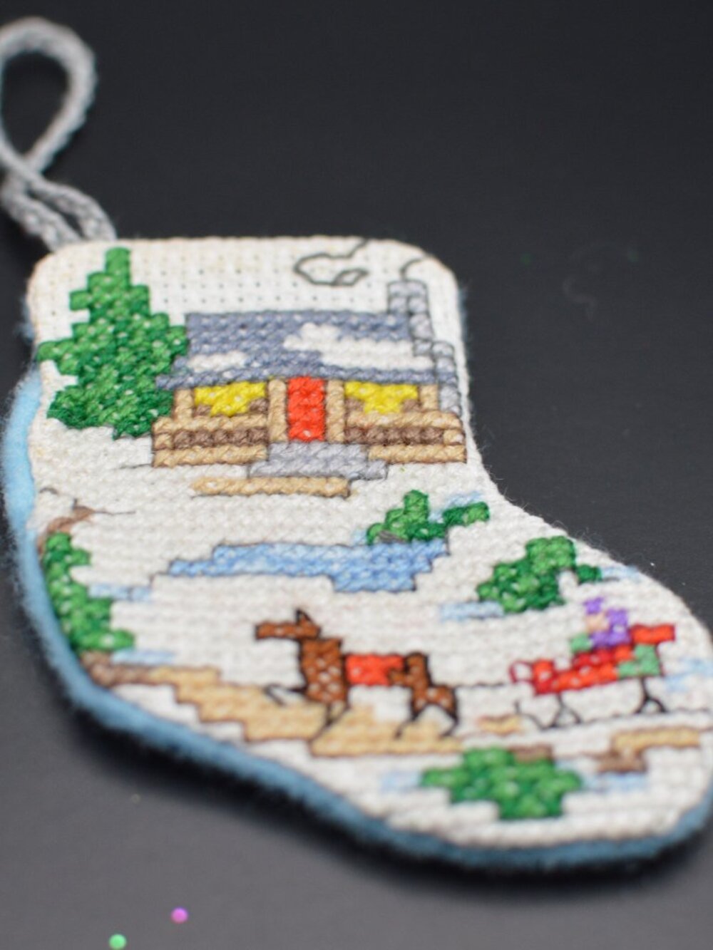 Cross Stitch Homemade Stocking Ornament - House